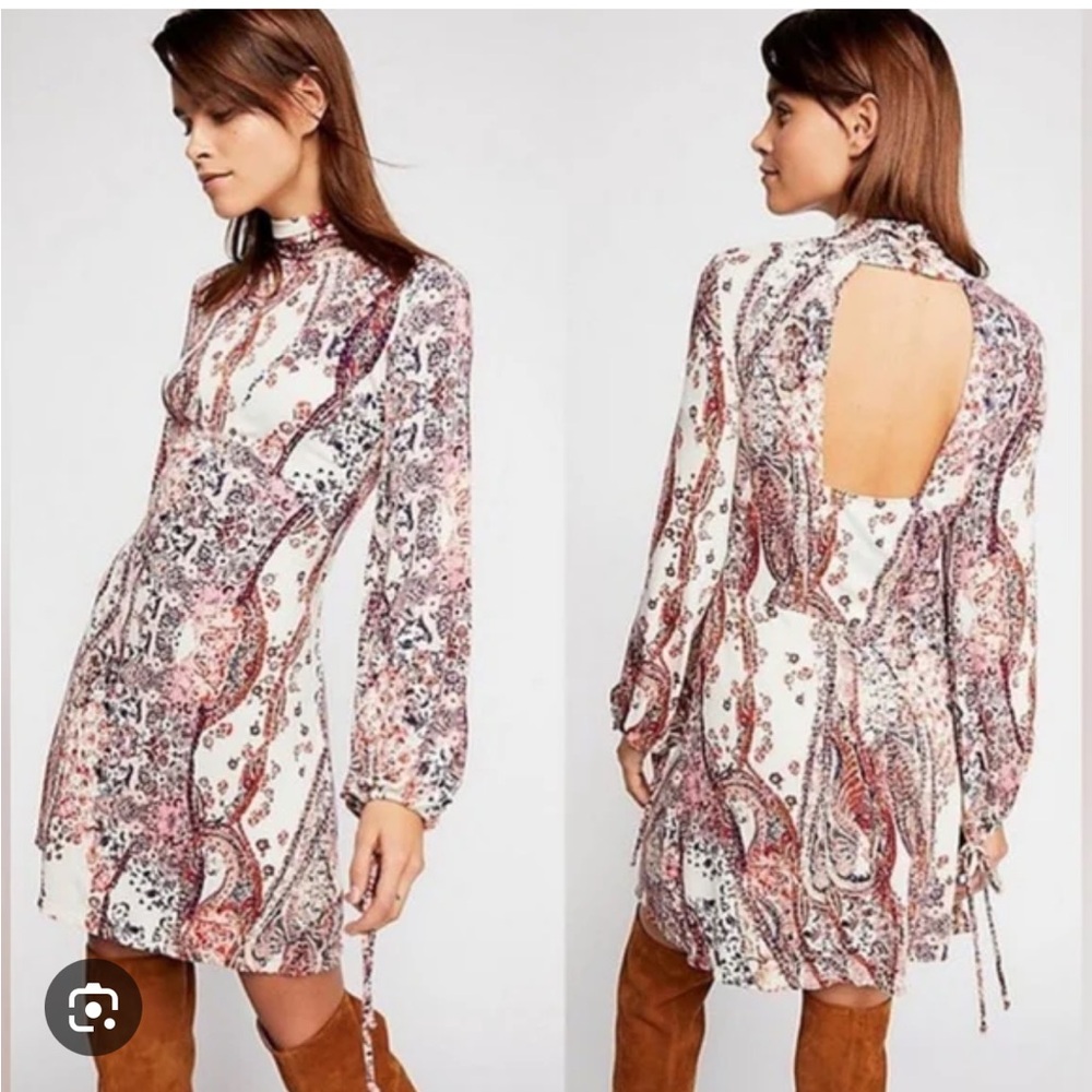 Free People All Dolled Up Printed Long Sleeve Mini Dress Size Small
